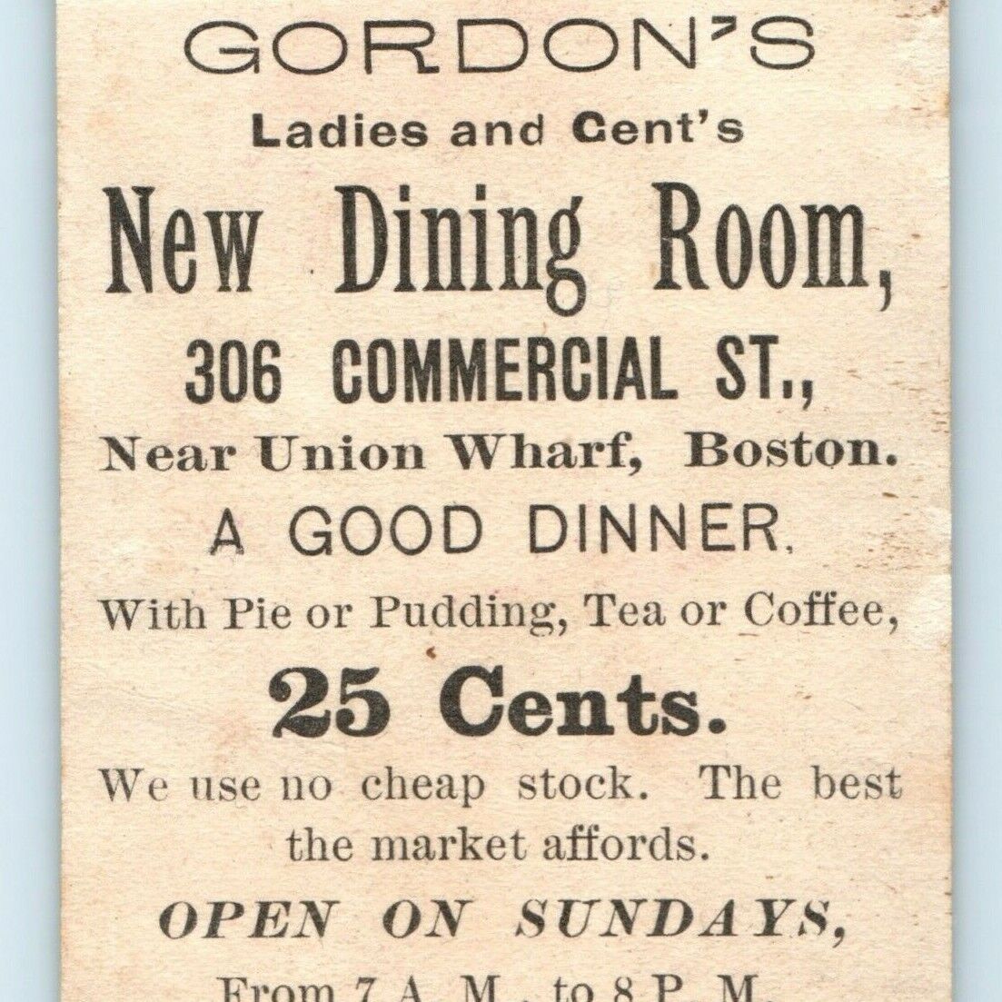 c1880s Union Wharf, Boston MA Gordon\'s Dining Room Small Trade Card Typeface C10