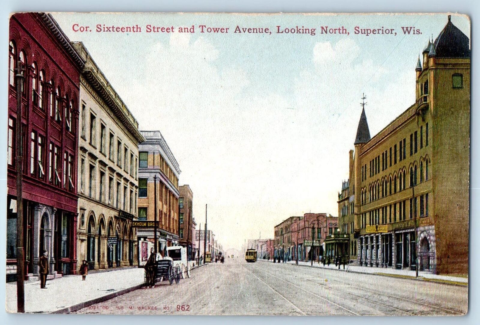 c1910 Corner Sixteenth & Tower Ave. Building Railway Superior Wisconsin Postcard