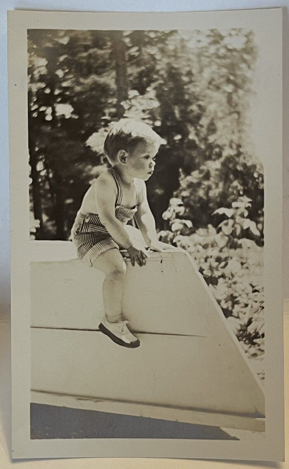 Vintage Photograph Black White Snapshot Young Boy Child Sitting Identified