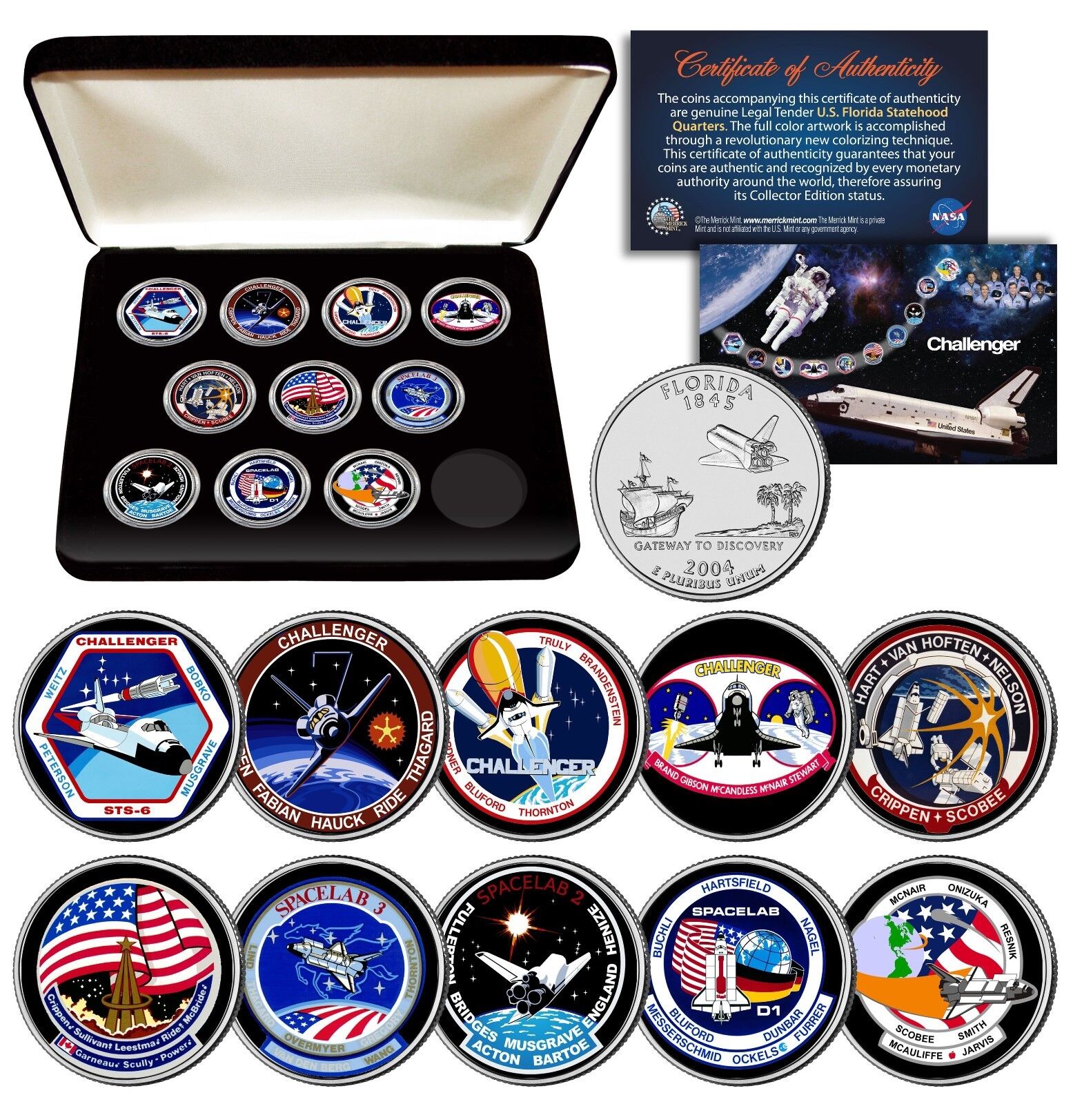 SPACE SHUTTLE CHALLENGER MISSION NASA Florida State Quarters 10-Coin Set w/ BOX