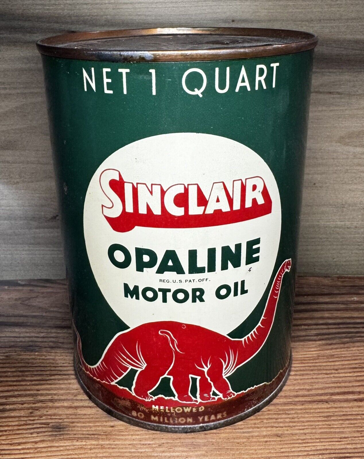 Empty Vtg. 1 Qt. Sinclair Opaline Motor Oil Can-Red Dino/Copper Lids L👀K Now
