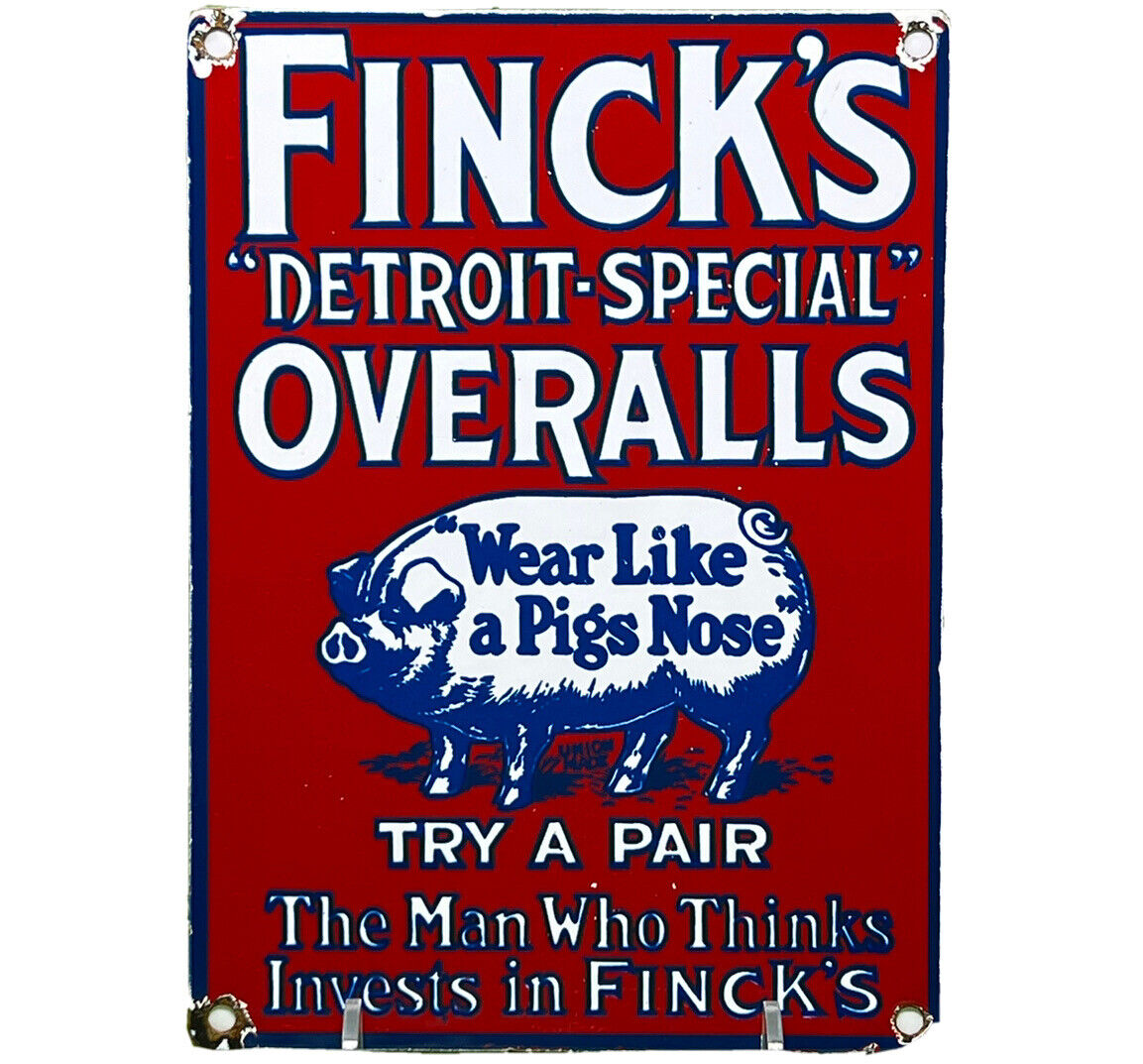VINTAGE FINCK'S OVERALLS PORCELAIN SIGN PIG FARM FINKS LEVIS LEE DETROIT GAS OIL