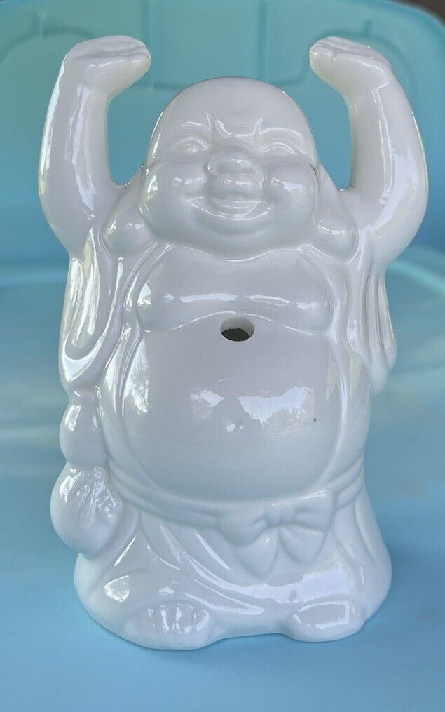 Vintage Laughing Smiling Happy Buddha White Ceramic Cocktail Mug With Straw Hole