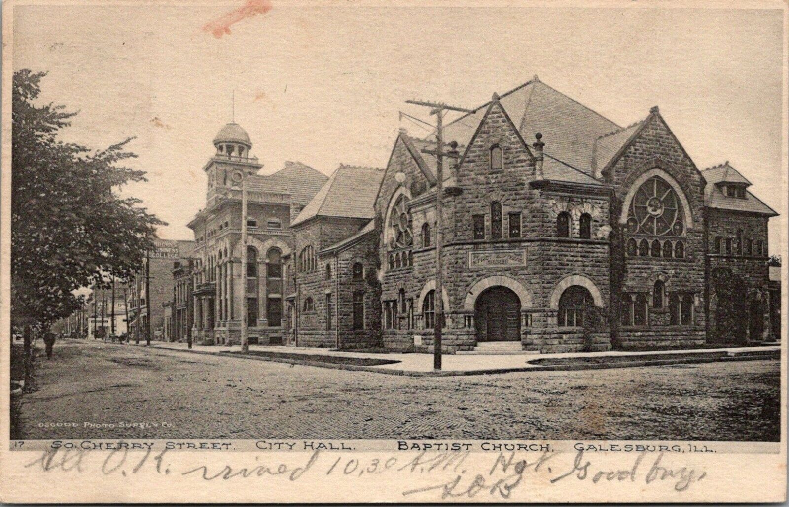 Galesburg Illinois~South Cherry Street~City Hall~First Baptist Church~1903 B&W