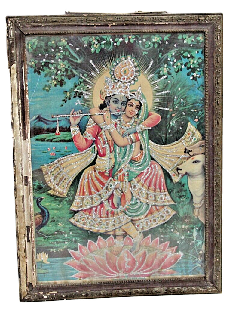 Rare Vintage 21 Inch Radha Krishna Decorated Litho Print In Elegant Wooden Frame