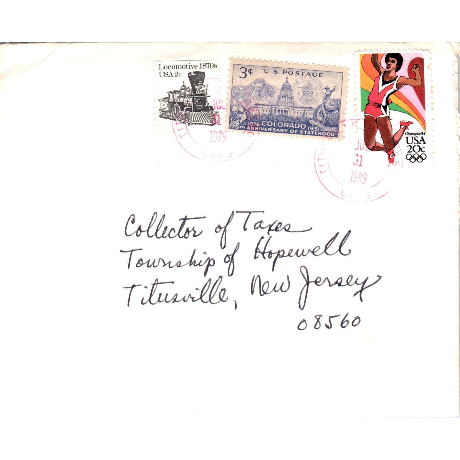 1989 Collector of Taxes Titusville NJ 84 Olympics Postal Cover Envelope TG7-PC3