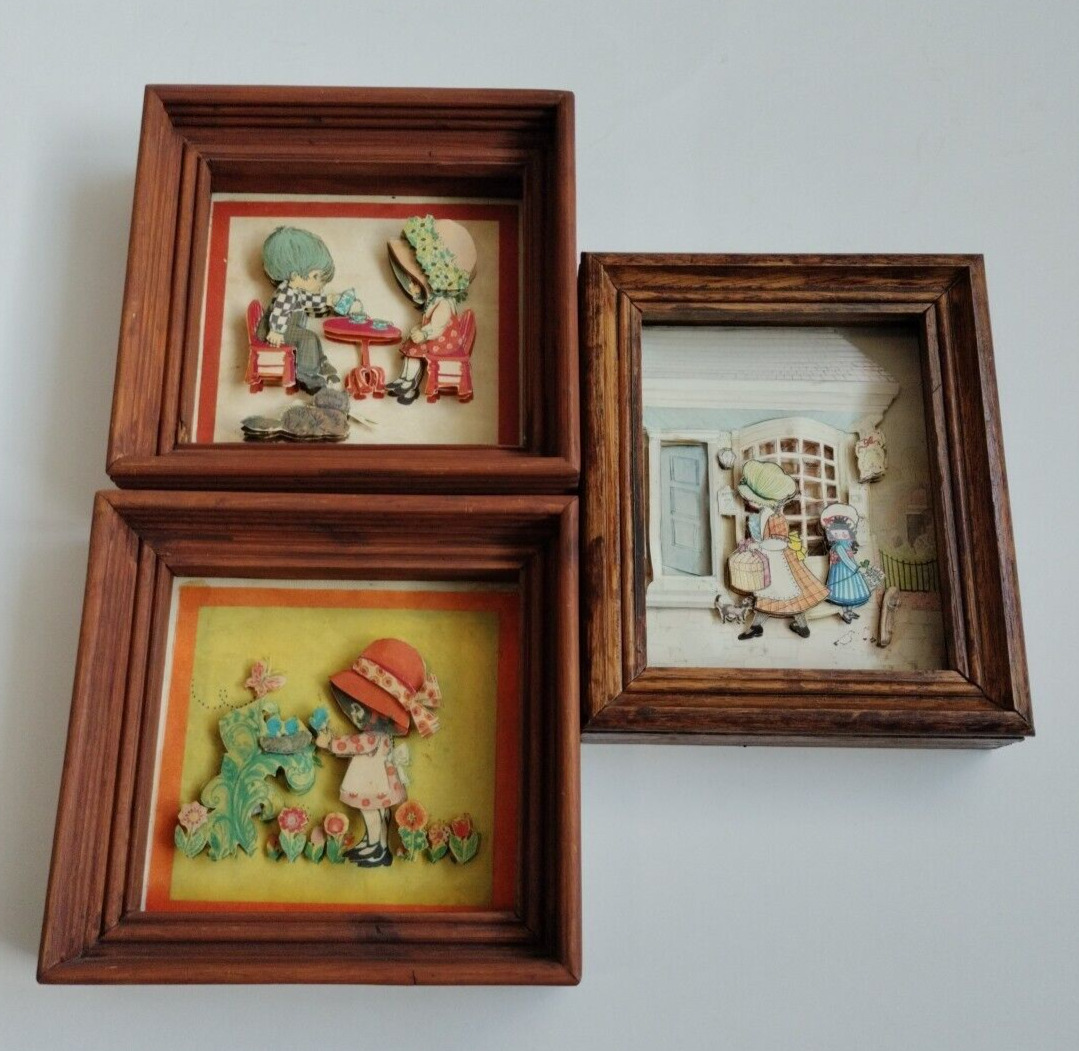 Vintage Marshall Fields 3D Paper Art SET OF 3 Wood Framed Nursery Grannycore