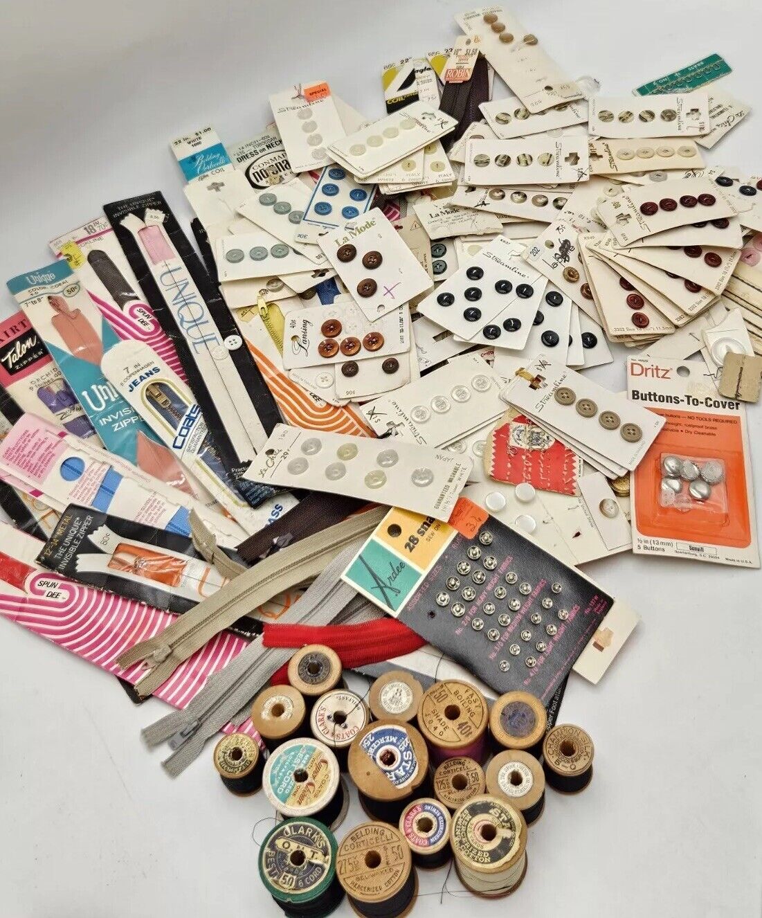 Huge Lot Vintage Buttons Cards Zippers Wood Spool Thread Snaps