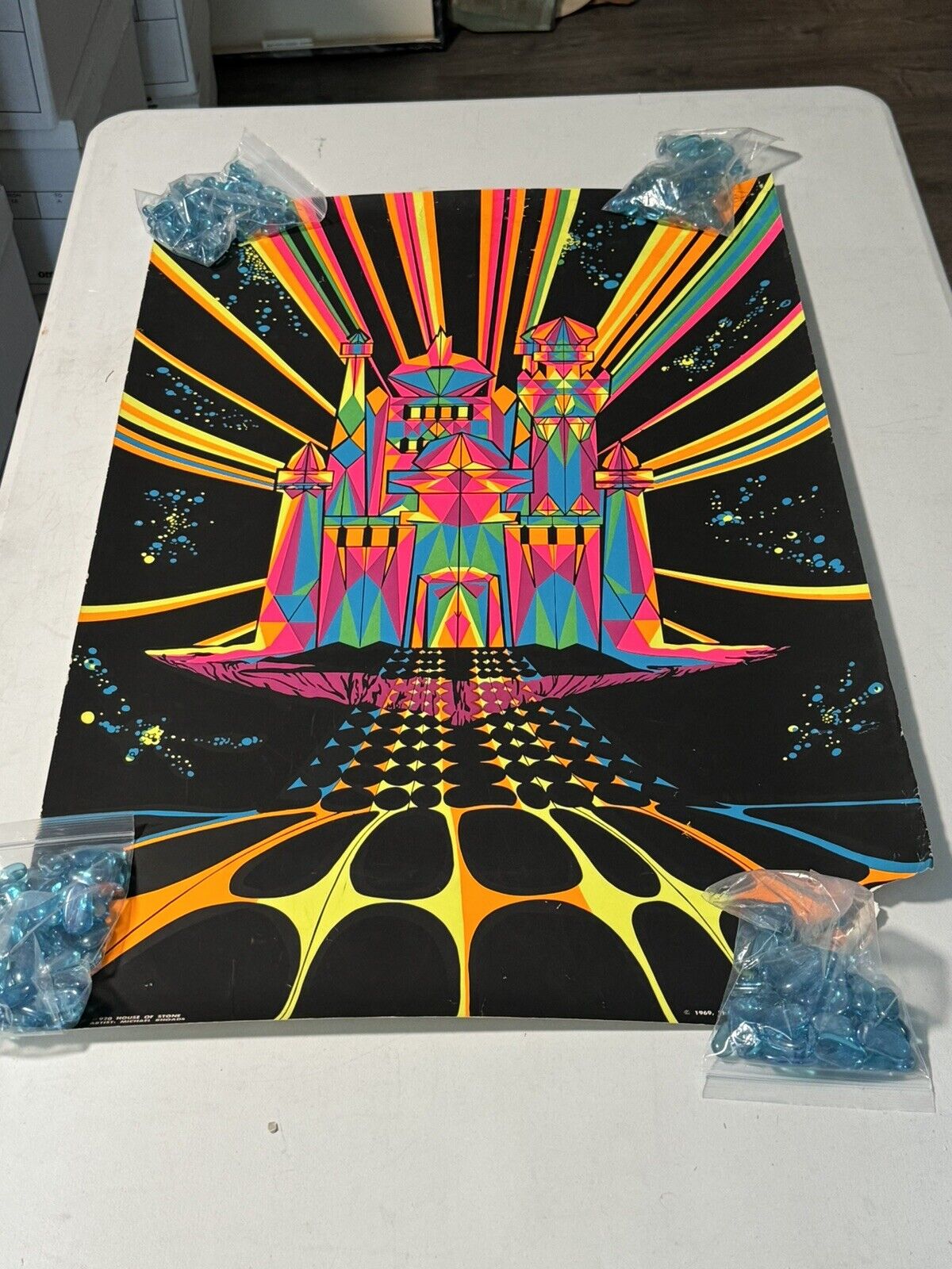 1969 Vintage Michael Rhoads House of Stone Blacklight The Third Eye Poster As Is