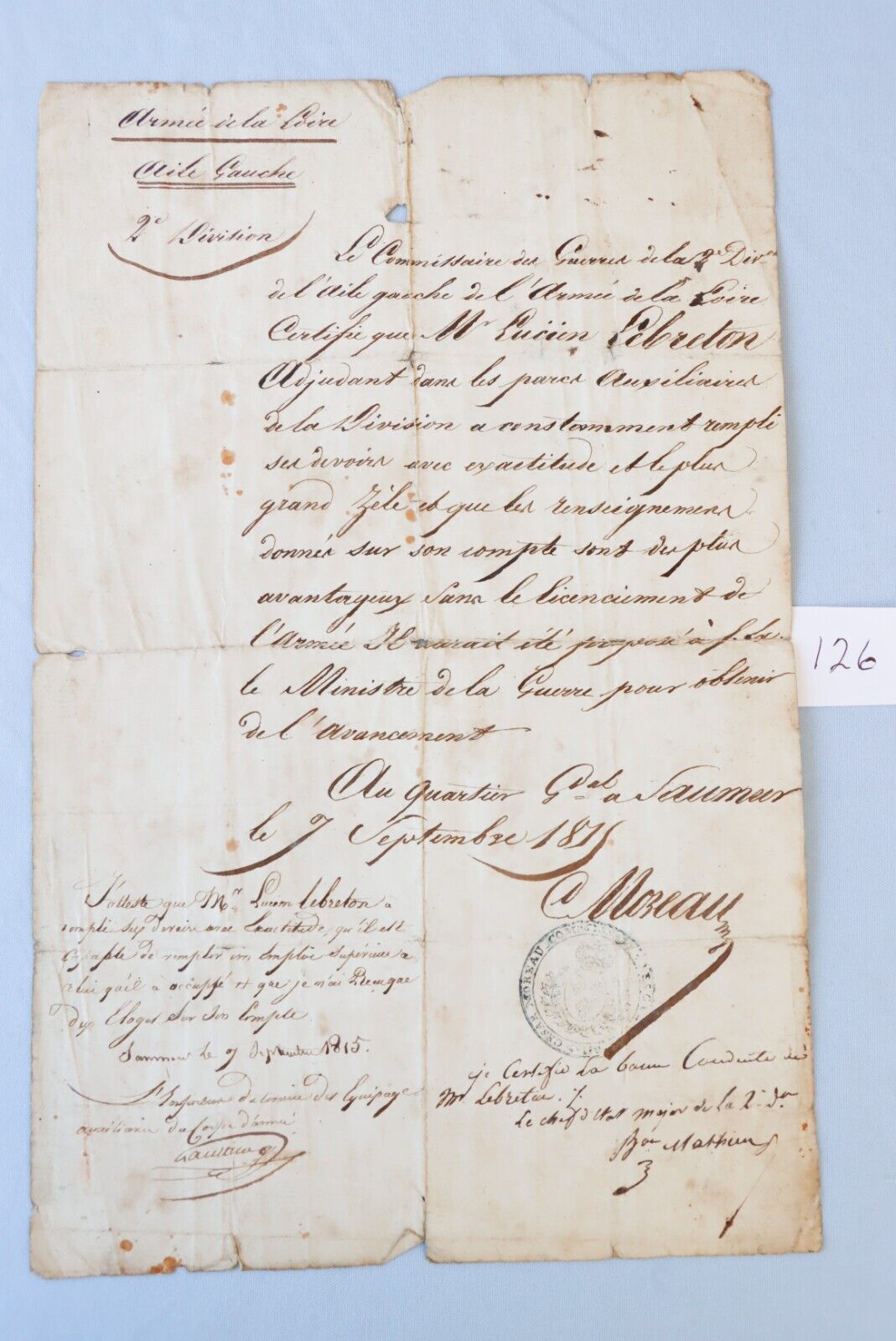 1815 France Army Service Certificate King Louis XVIII Napoleon Waterloo 