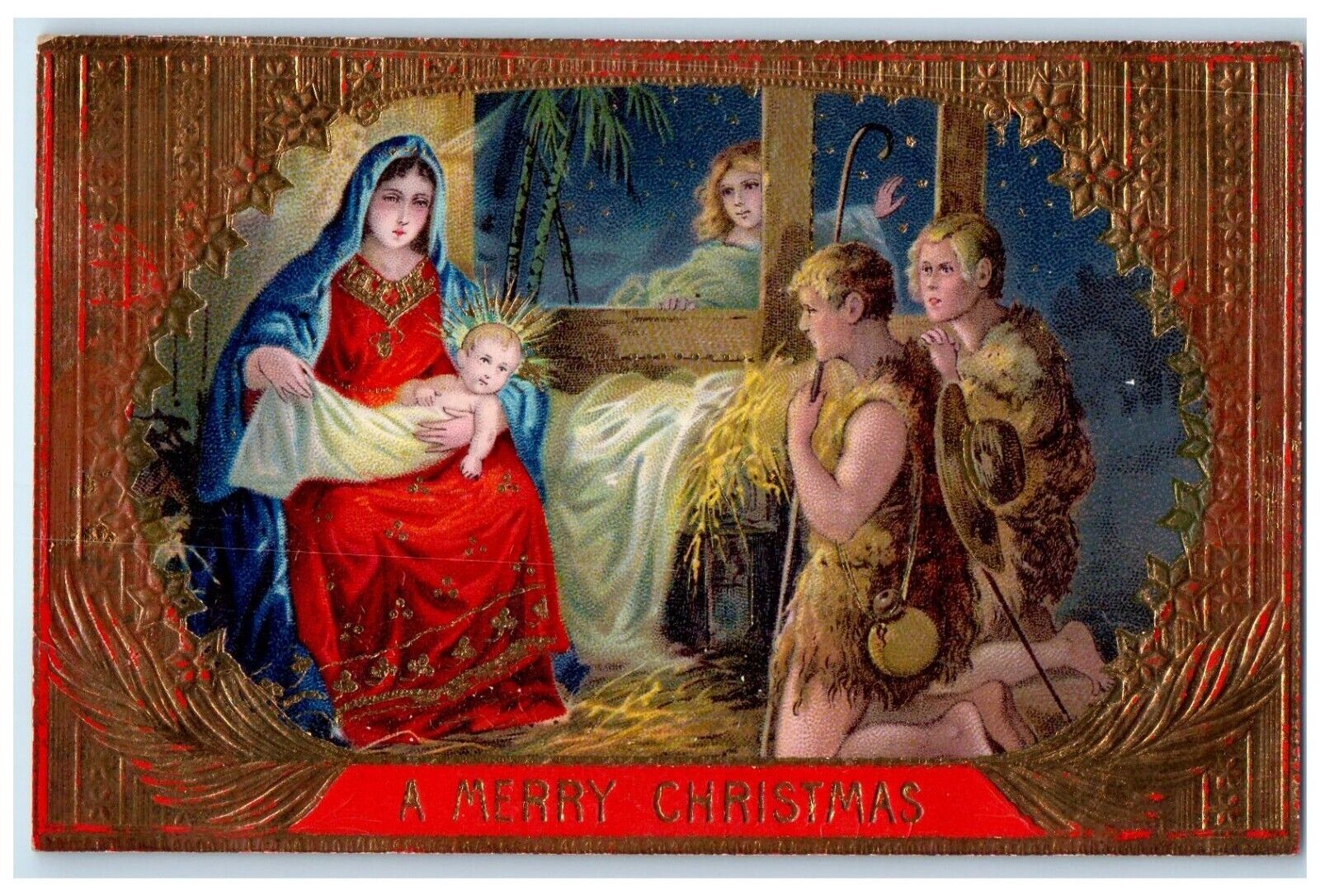 1911 Merry Christmas Mary Religious Gel Golt Gilt Kirkland Kansas KS Postcard