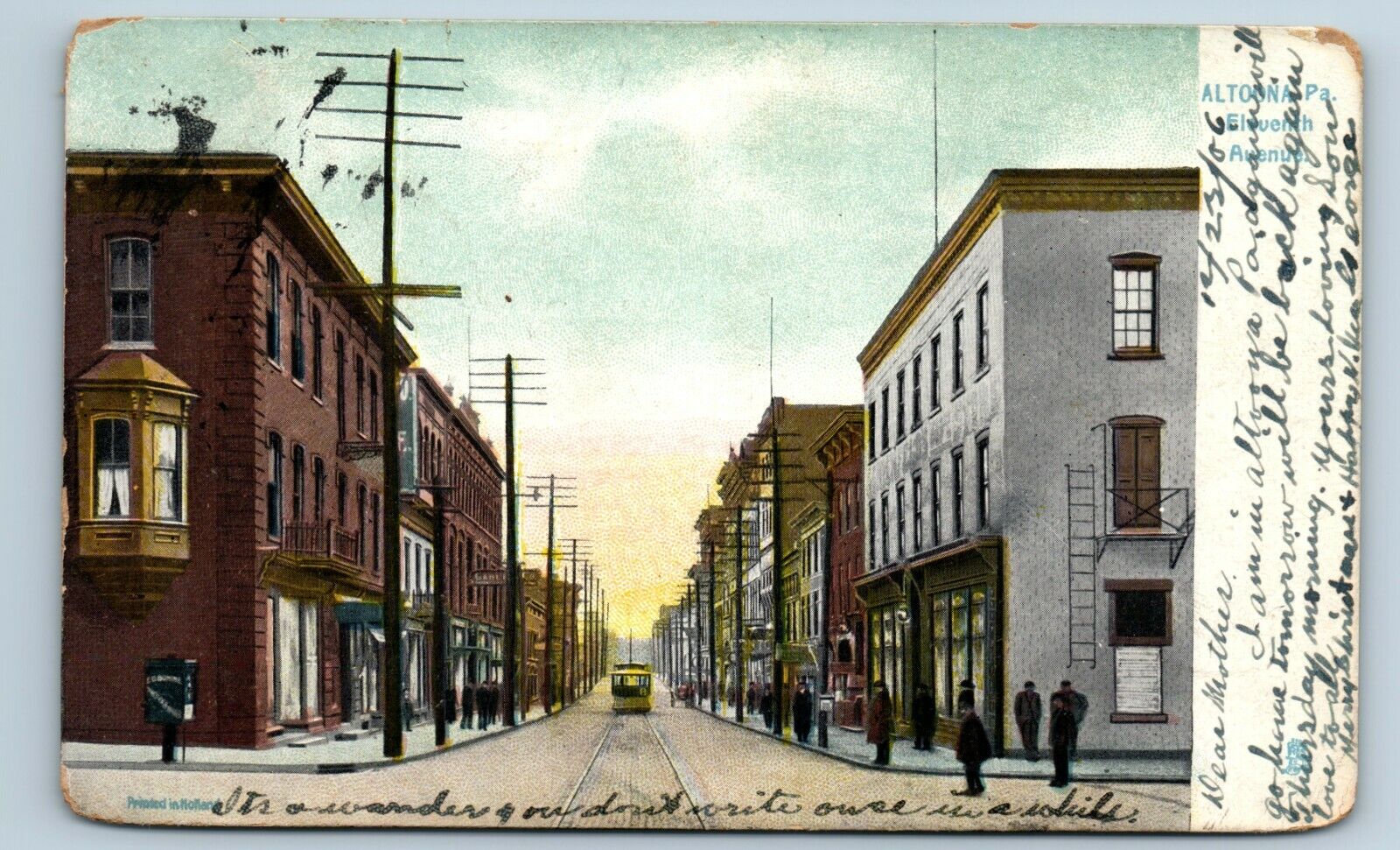 Postcard Eleventh Avenue, Altoona PA Tuck trolley car #5293 1907 A128