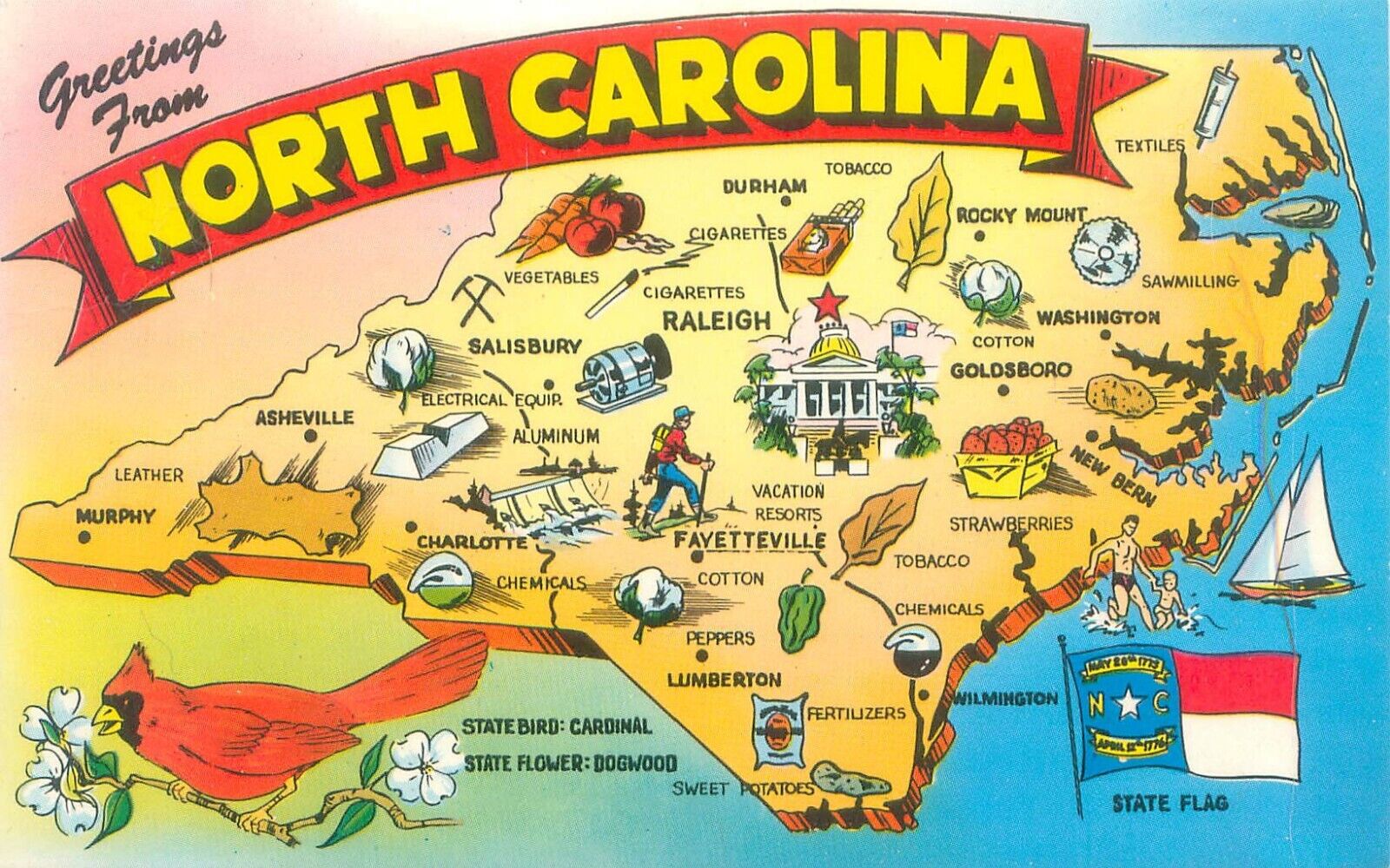 Greetings from North Carolina, Map, Points of Interest  Postcard Unused