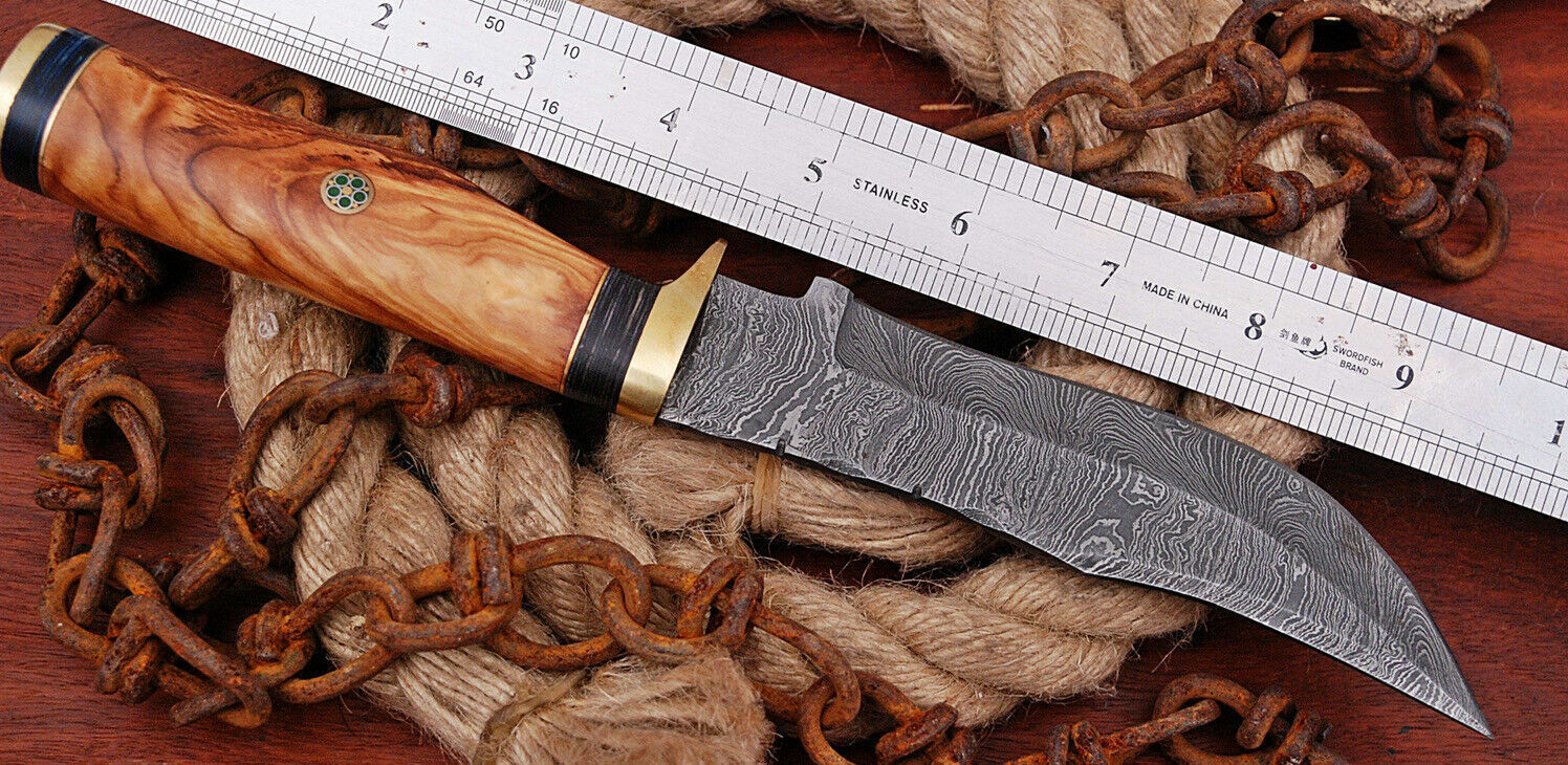 10”inch Custom Hand Forged Damascus Hunting Knife W/wood & Brass Guard Handle