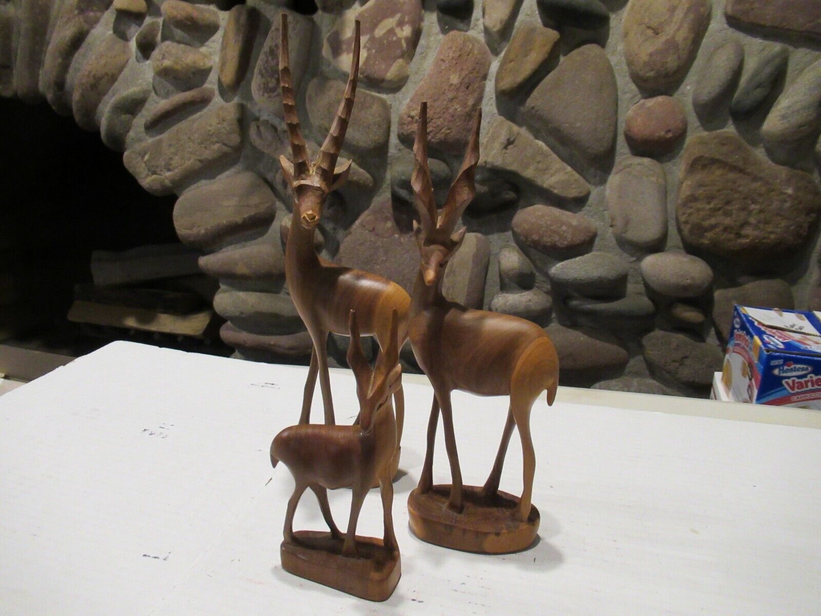 3 pcs. - Vintage Hand Carved Wooden Antelope Gazelle - African Art Safari
