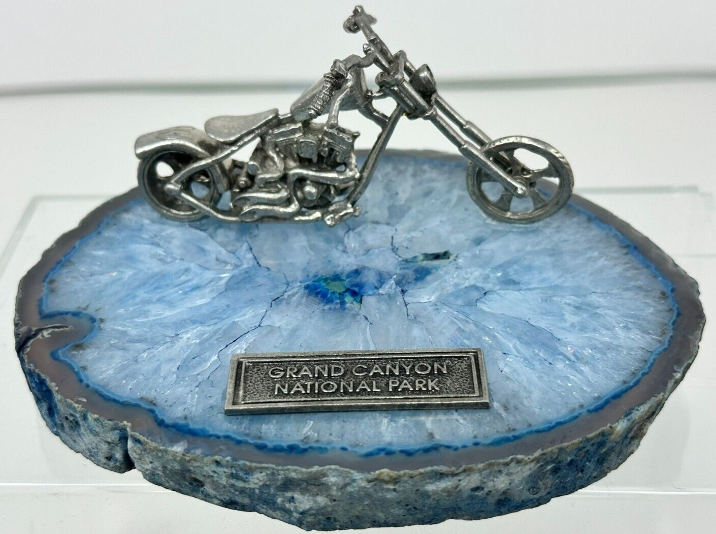 Harley Davidon Pewter Motorcycle on Agate Geode Slice from the Grand Canyon, AZ