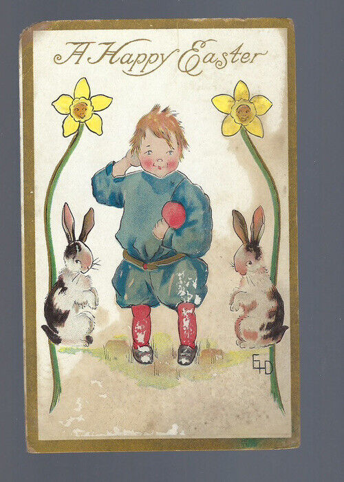 c.1911 EHD A Happy Easter Greeting Child Floral Bunnies Postcard UNP