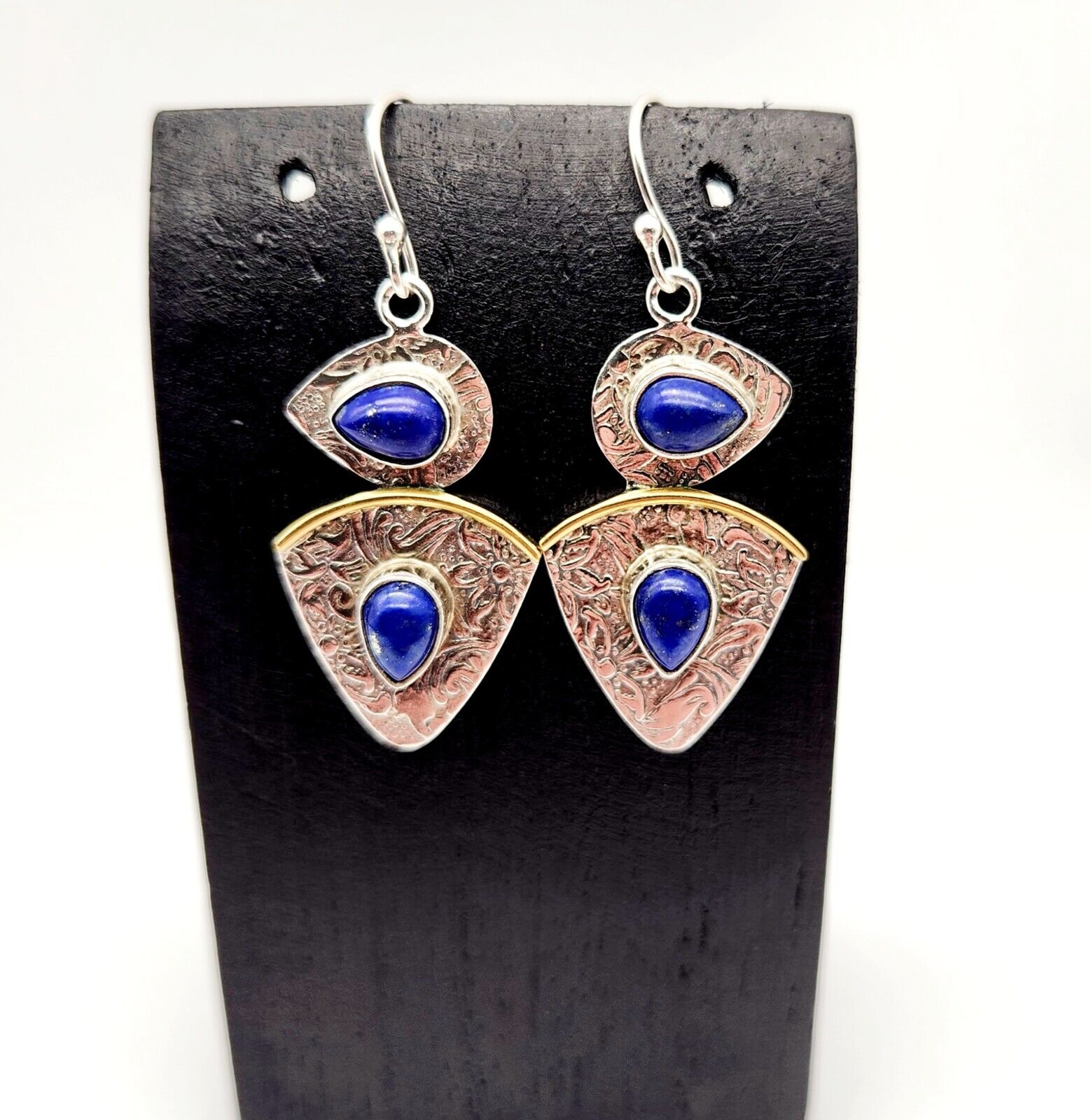 Vintage Lapis Lazuli Gemstone Inlay Heart Sterling Silver Two-tone Earrings 