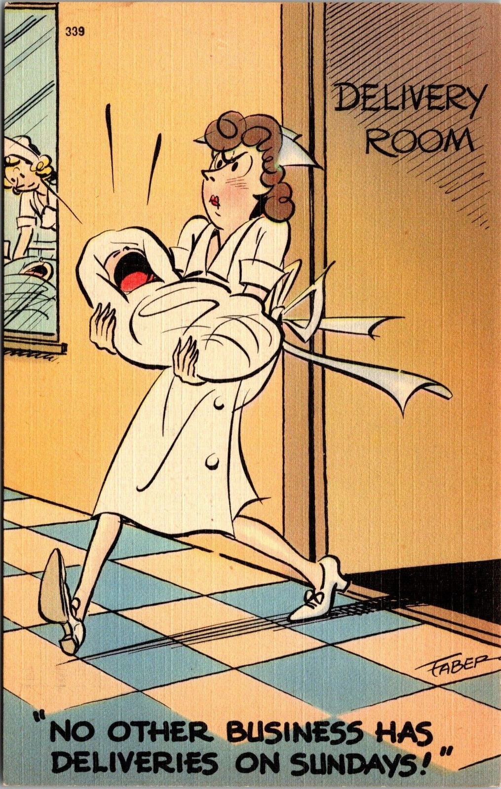 Comic Funny Vintage Souvenir MCM Nurse Baby Delivery Open On Sundays