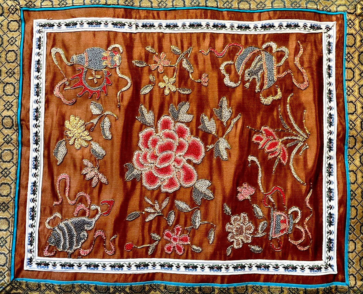 Vtg Chinese Silk Embroidered Floral Rabbit Panel Wall Hanging Forbidden Stitches