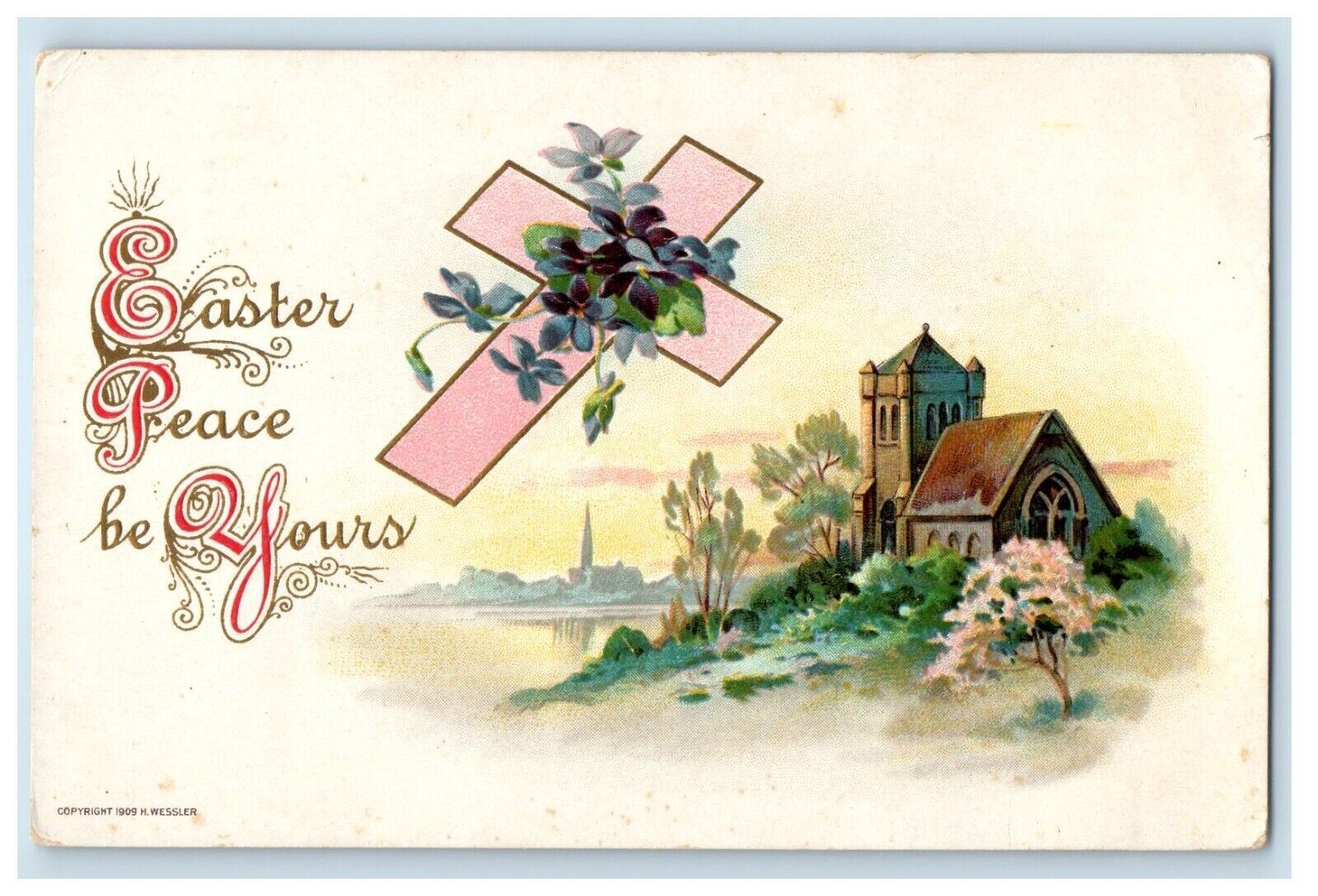 c1910's Easter Peace Cross Pansies Flowers House View Embossed Antique Postcard