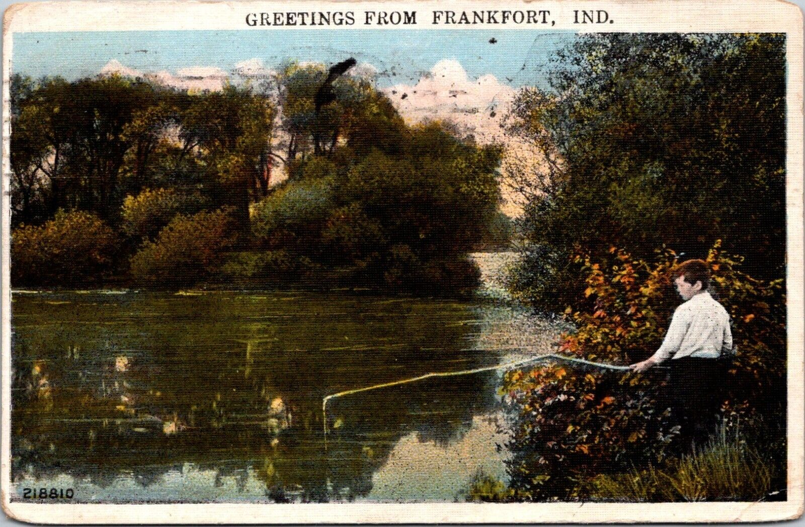 Greetings From Frankfort IN Boy Fishing Water Indiana WB 1920s postcard H536