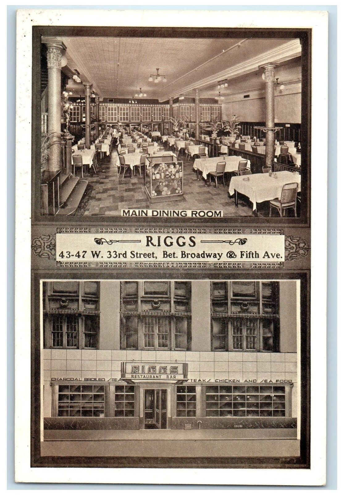c1920 Rig's Restaurant Inc Multiview Main Dining New York City New York Postcard