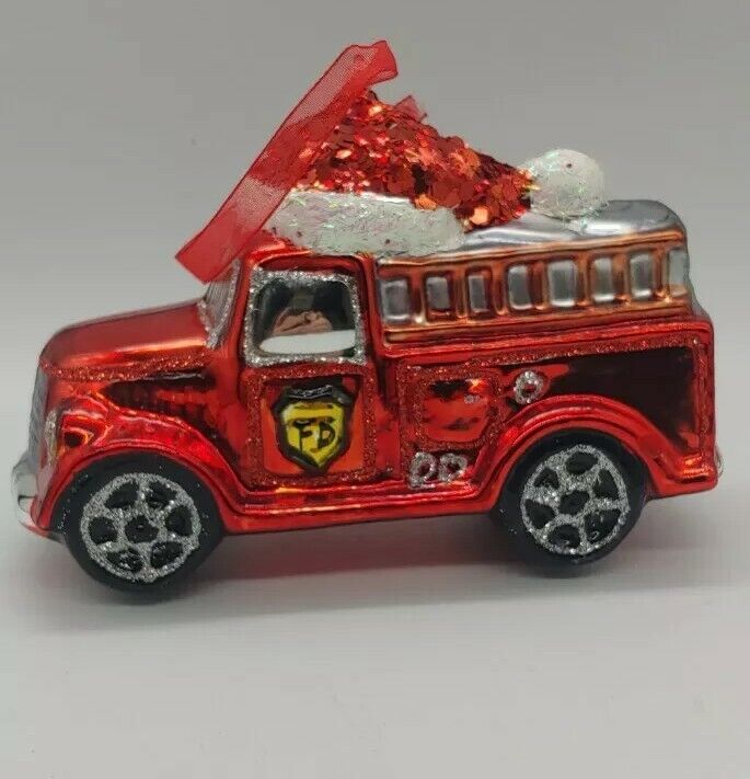 Old Fashioned Firetruck Hand Blown Glass Christmas Ornament  Decorated 5 1/2\