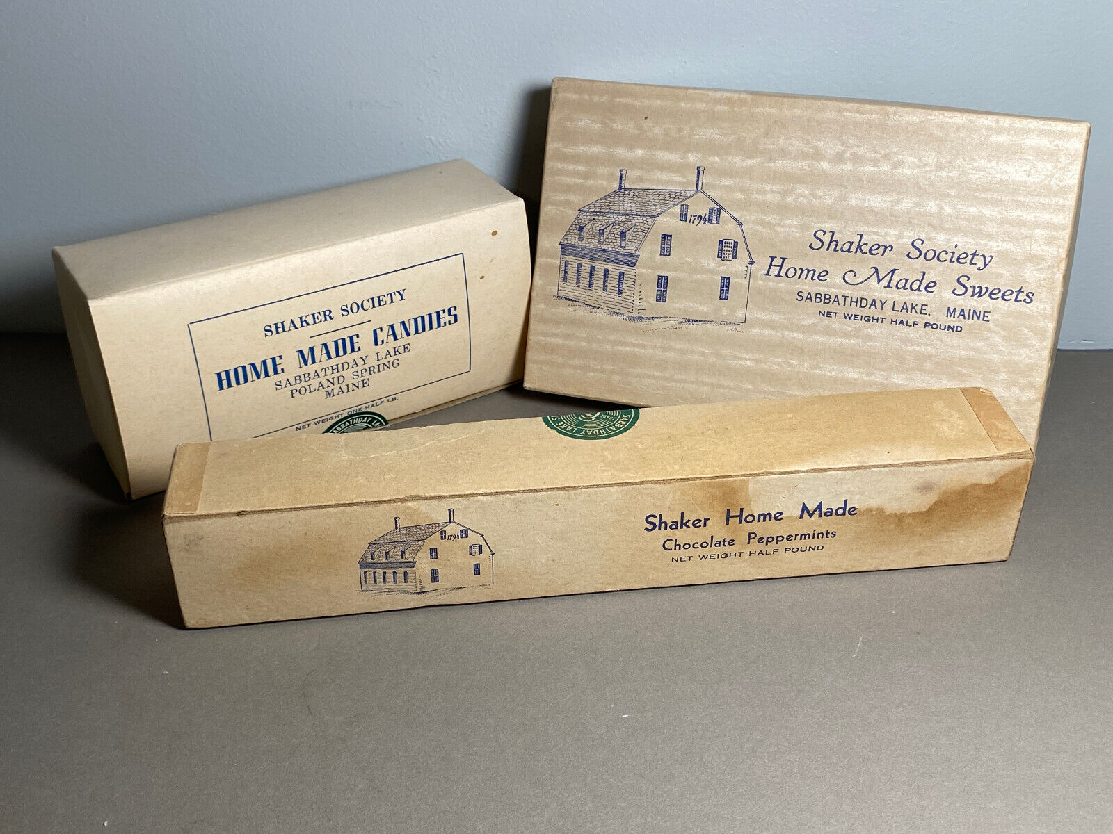 LOT 3 Vintage SHAKER Candy Boxes Sabbathday Lake Maine Advertising