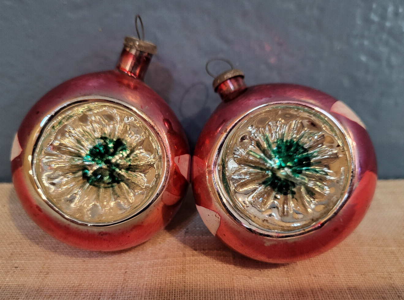 Vintage Christmas Holiday Glass Indented Ornaments set of 2