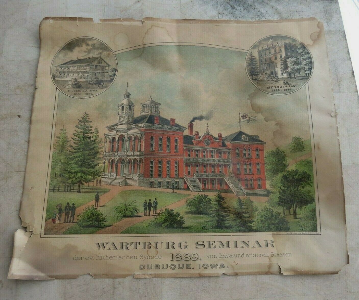 1889 RARE Wartburg Seminar Seminary  Dubuque Iowa Milwaukee Lithograph Antique 
