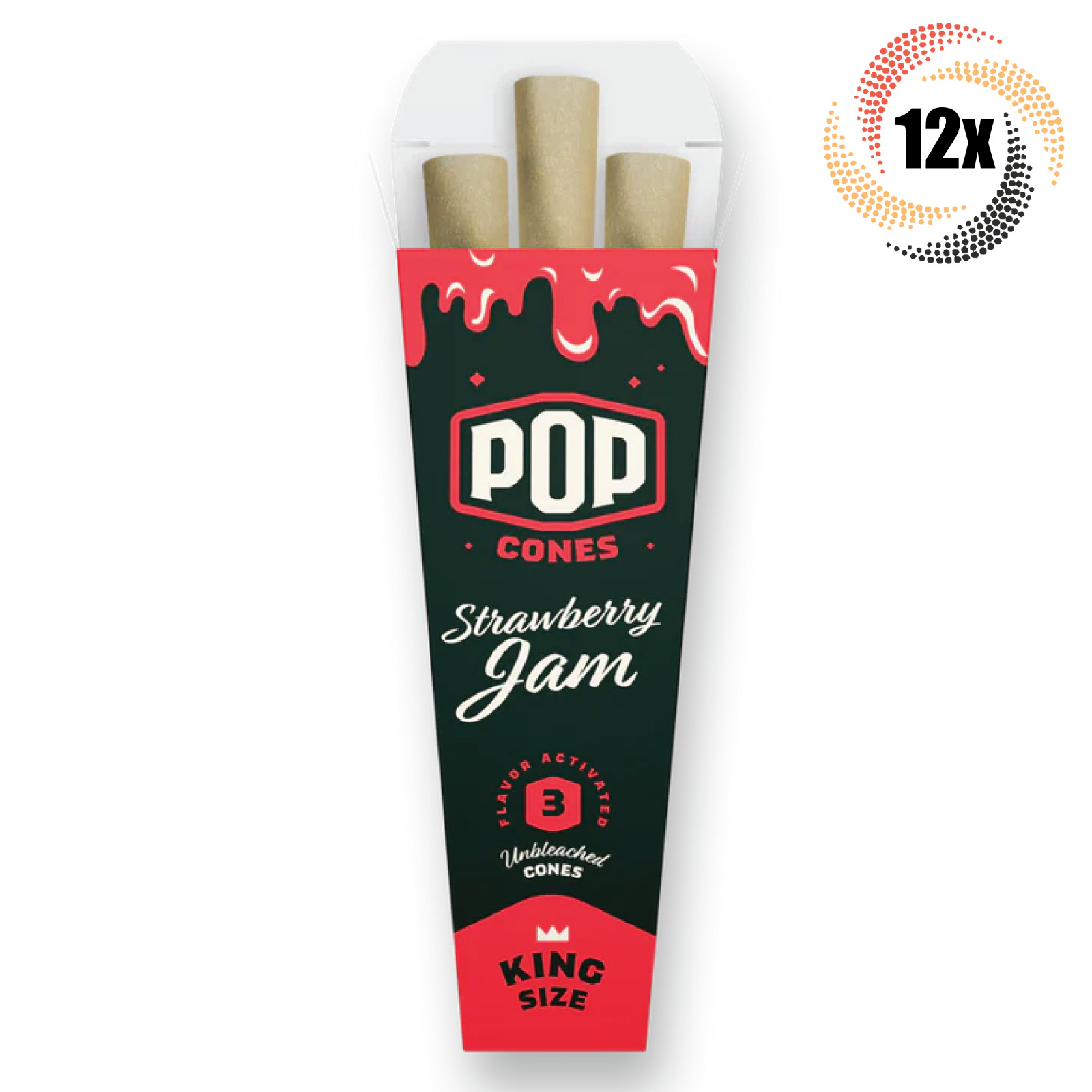 12x Packs Pop Strawberry Jam Cones | 3 Cones Each | King Size | + 2 Free Tubes