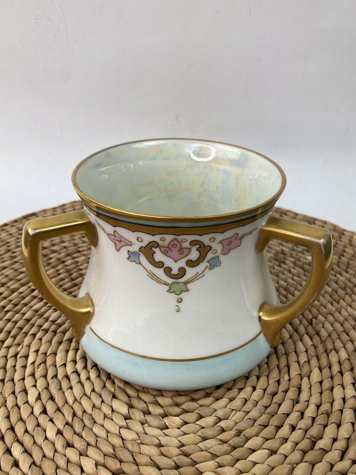Vintage Limoges France W.Q.&C. 3 Handled Loving Vase Art Nouveau Hand Painted