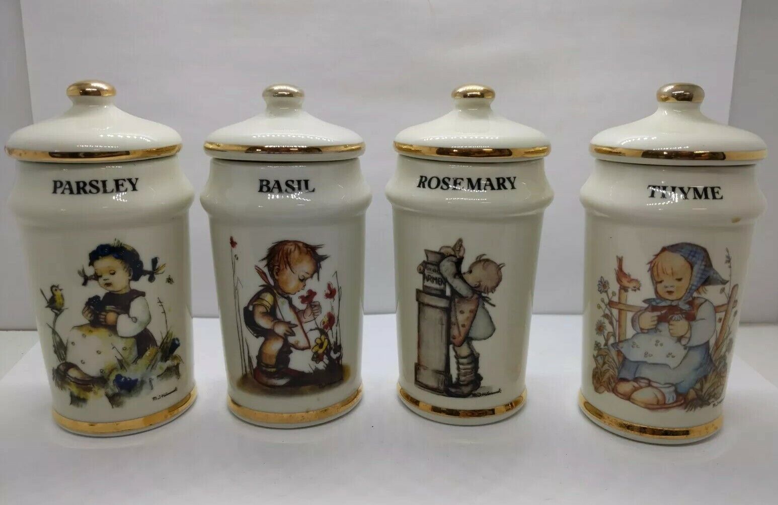 Vintage Basil, Thyme, Parsley,Rosemary Hummel 1987 Cham, Switzerland Spice Jars