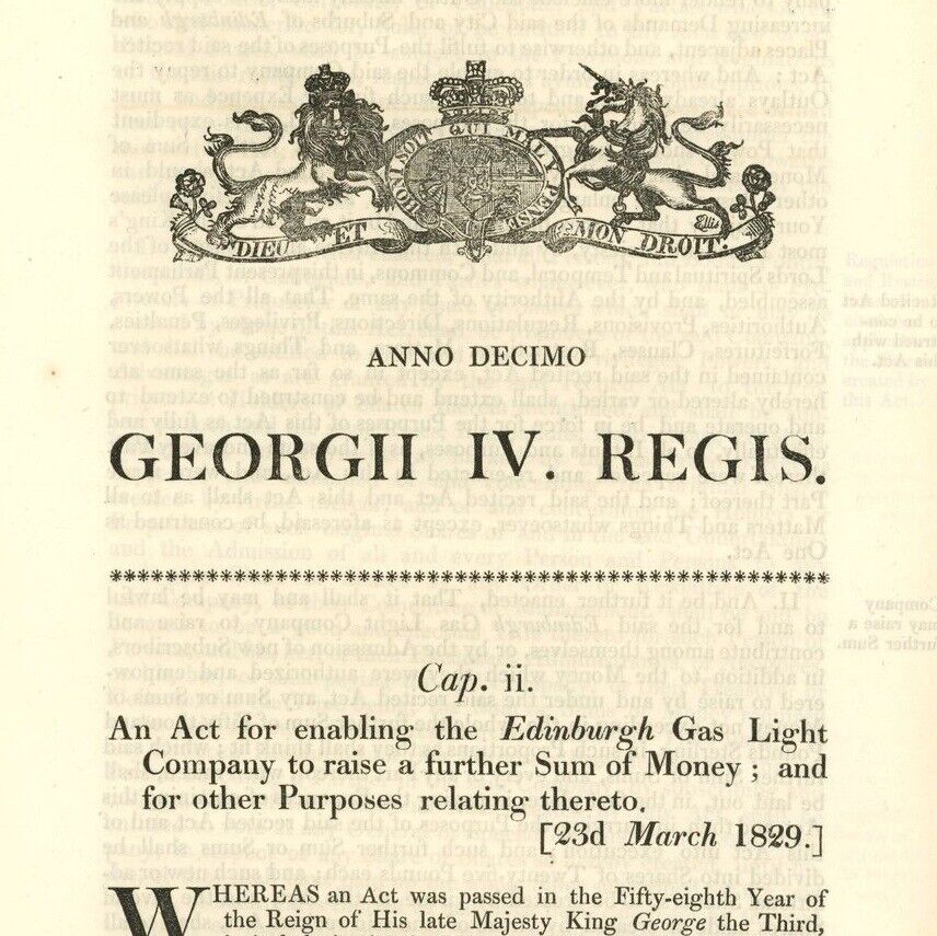 Antique Act of Parliament Edinburgh Gas Light Company Raise Money 1829 politics