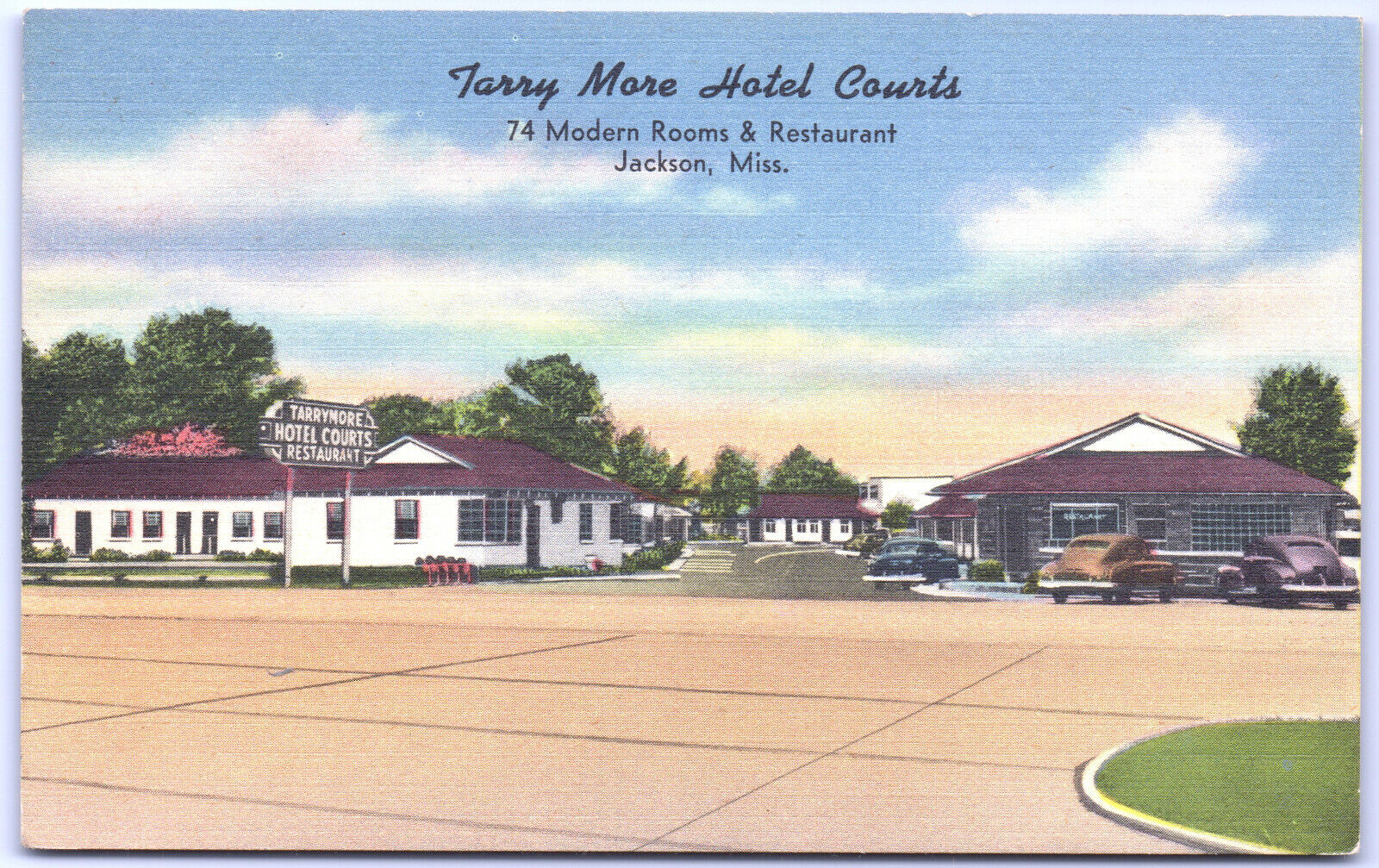 Postcard Mississippi Tarry More Hotel Courts Jackson c.1940's Cars Linen UNP F9