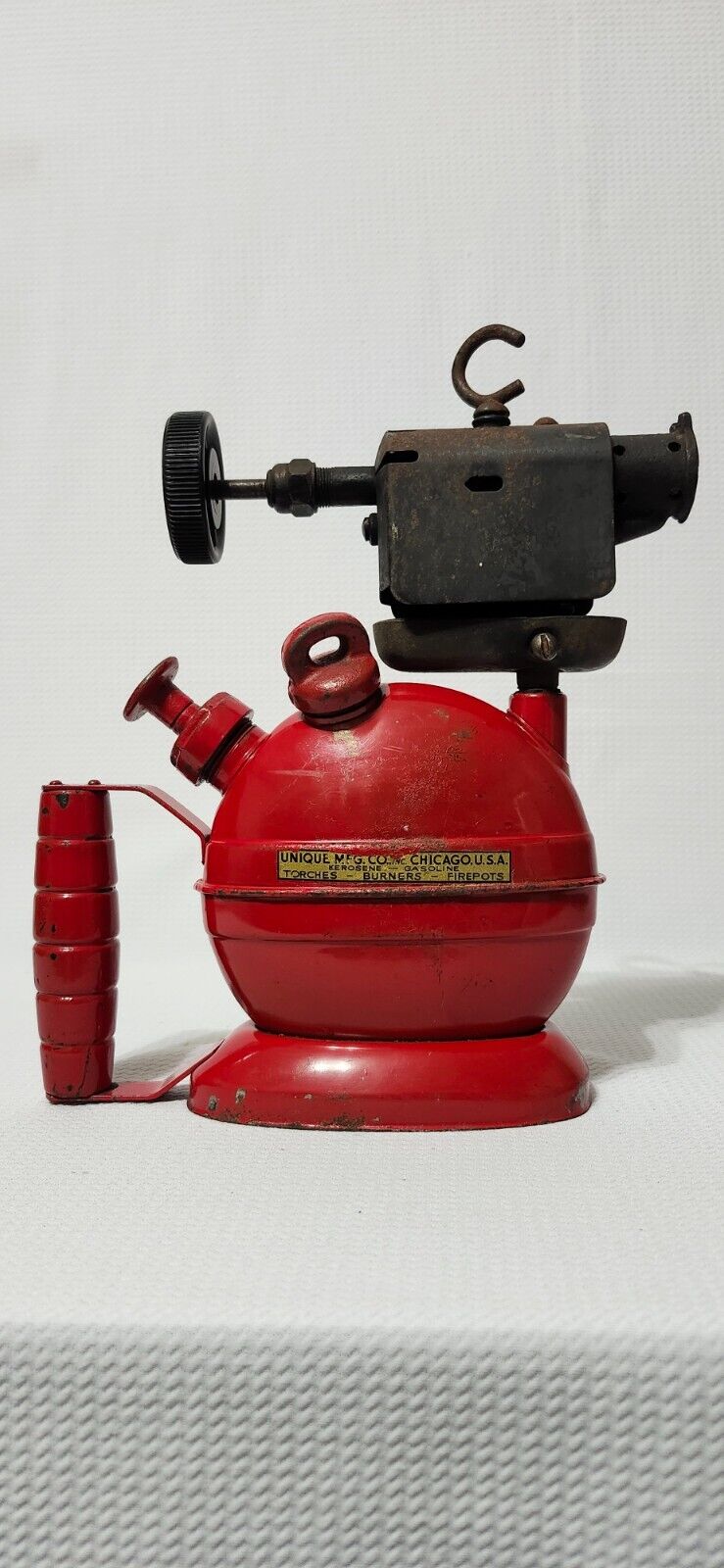 Vintage Red Unique MFG. Co. Kerosene Gasoline Torch Burner Firepot Blow Torch
