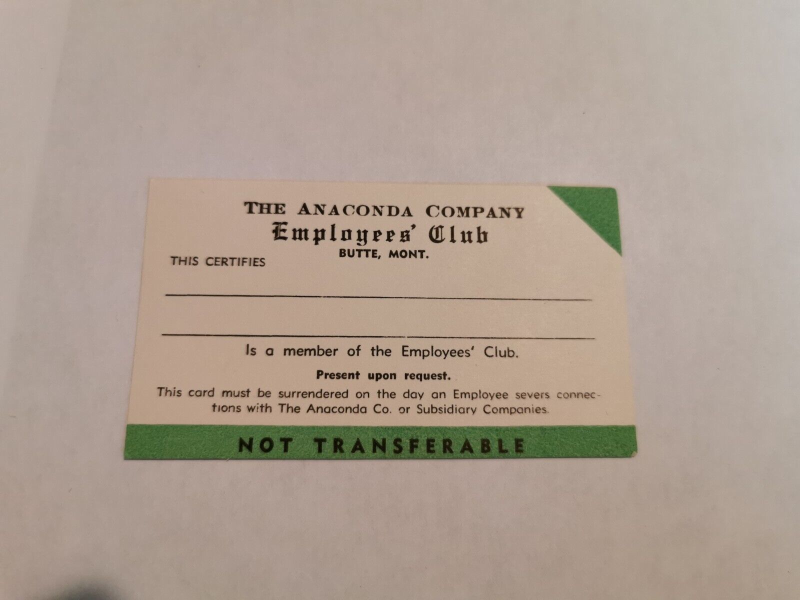 Anaconda Mining Company, Butte Employee CLUB Card Montana