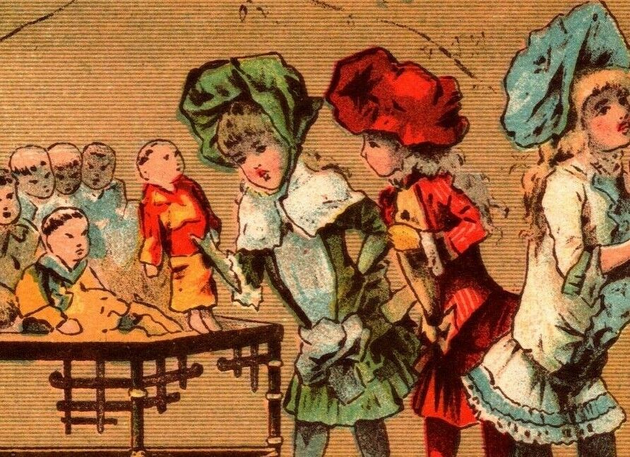 Victorian Trade Card Fairbanks Soap Little Girls At Doll Store Back German Text 