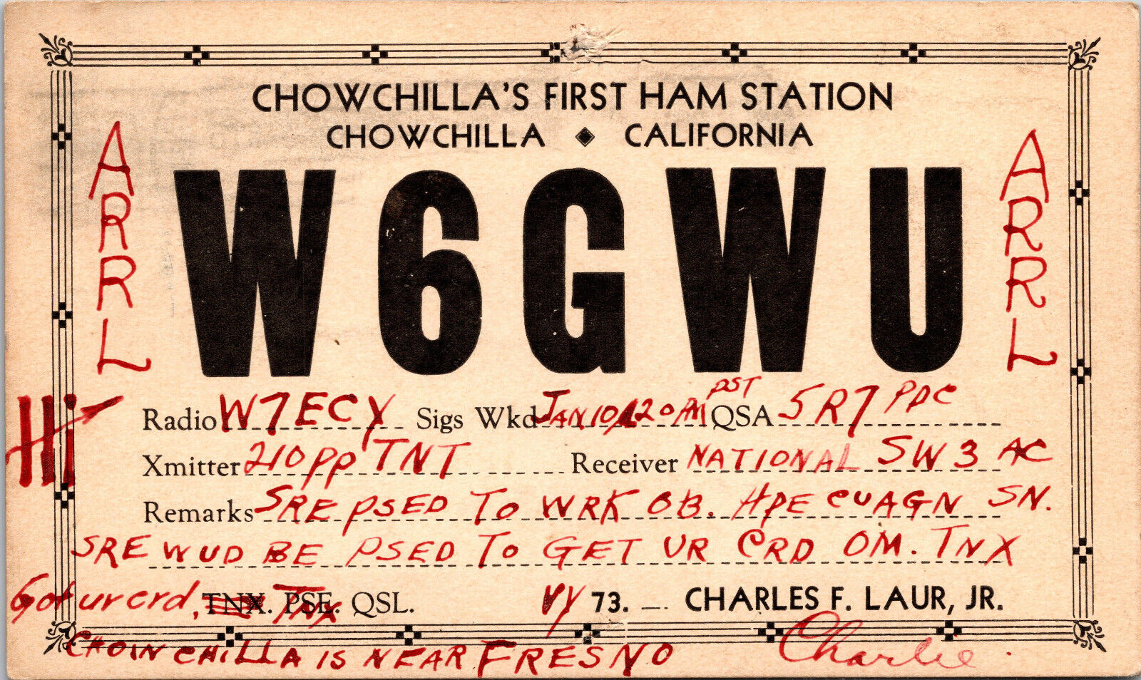 1934 W6GWU Chowchilla California Ham Radio Amateur QSL Card Postcard Vtg