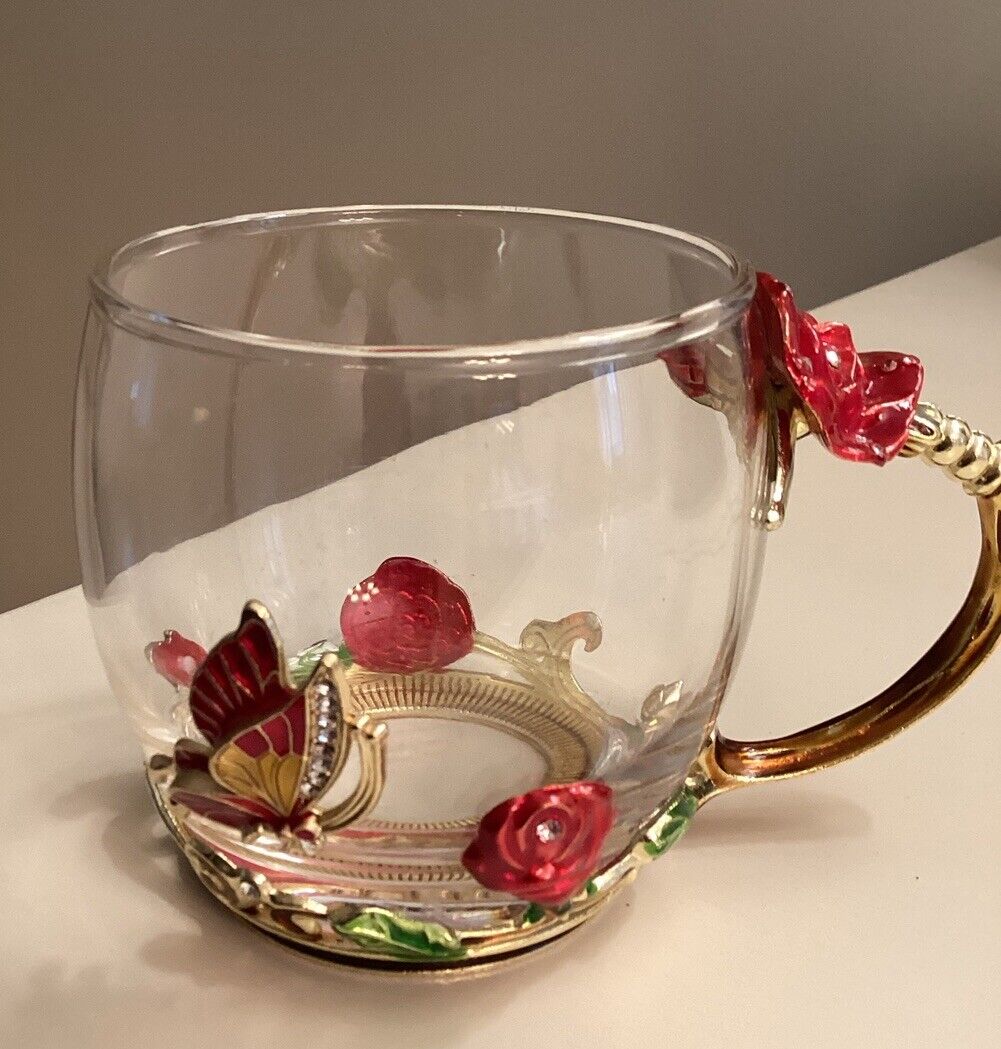 ARC Clear Glass Tea Cup Coffee Mug Red Rose & Butterfly Enamel Jeweled