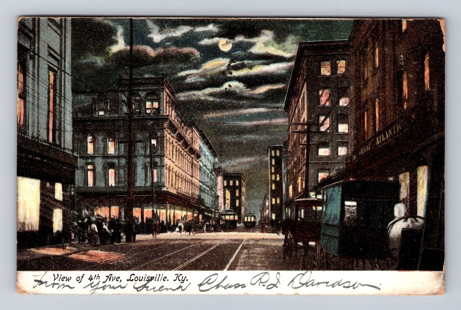 Louisville KY-Kentucky, View Of 4th Ave, Moonlight, Vintage c1906 Postcard