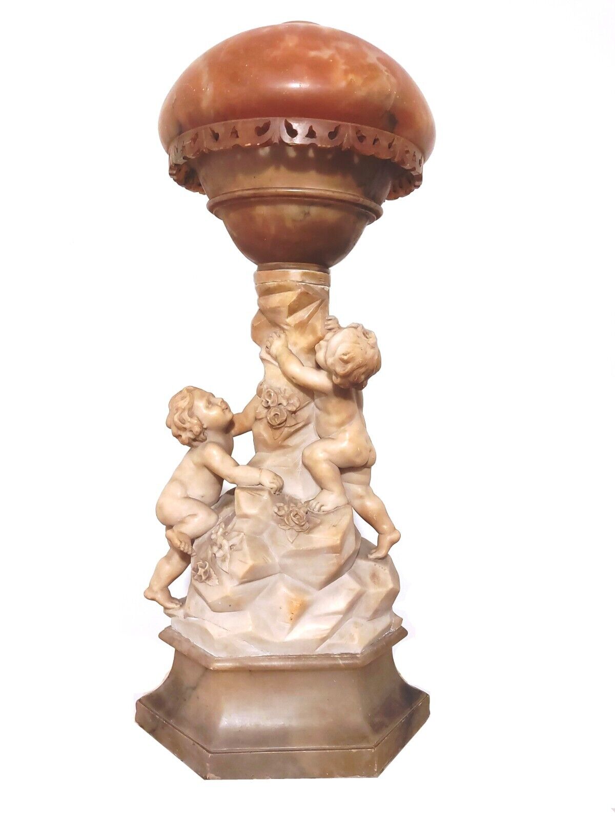 ANTIQUE MONUMENTAL ITALIAN ALABASTER FIGURAL LAMP SCULPTURE CHILD CHERUB BY CONT