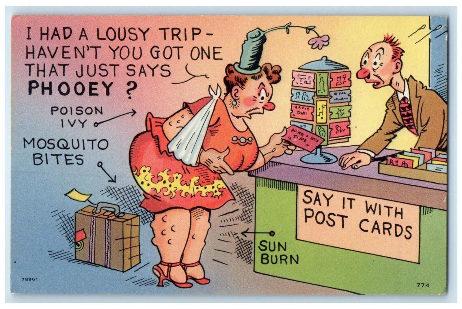 c1930's Fat Woman Rack Seller Postcard Shop Phooey Poison Ivy Vintage Postcard