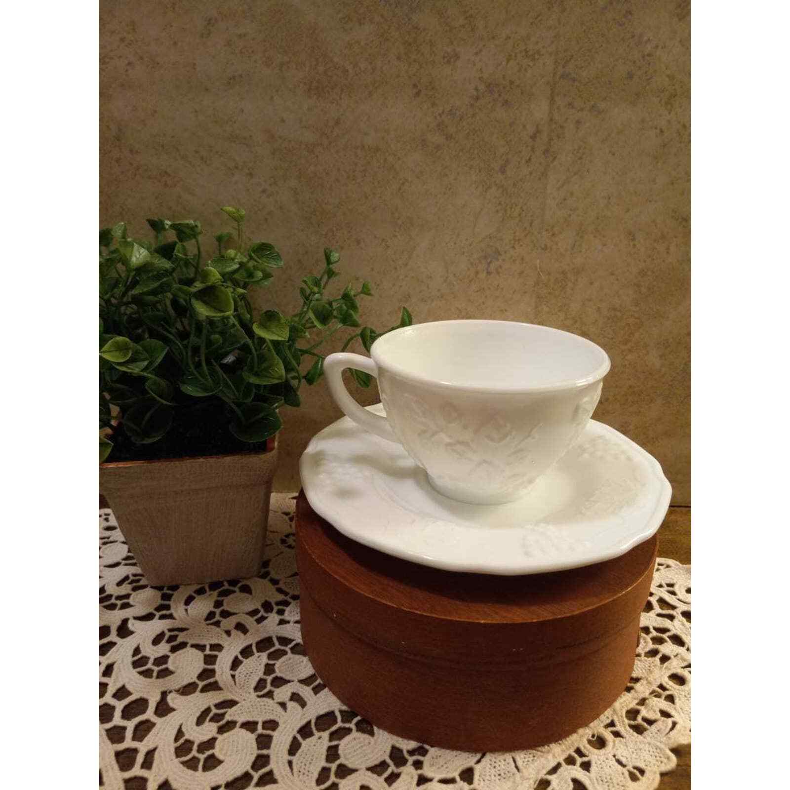 Vintage Milk Glass Colony Harvest teacup and saucer, Fruit pattern, Cottage core