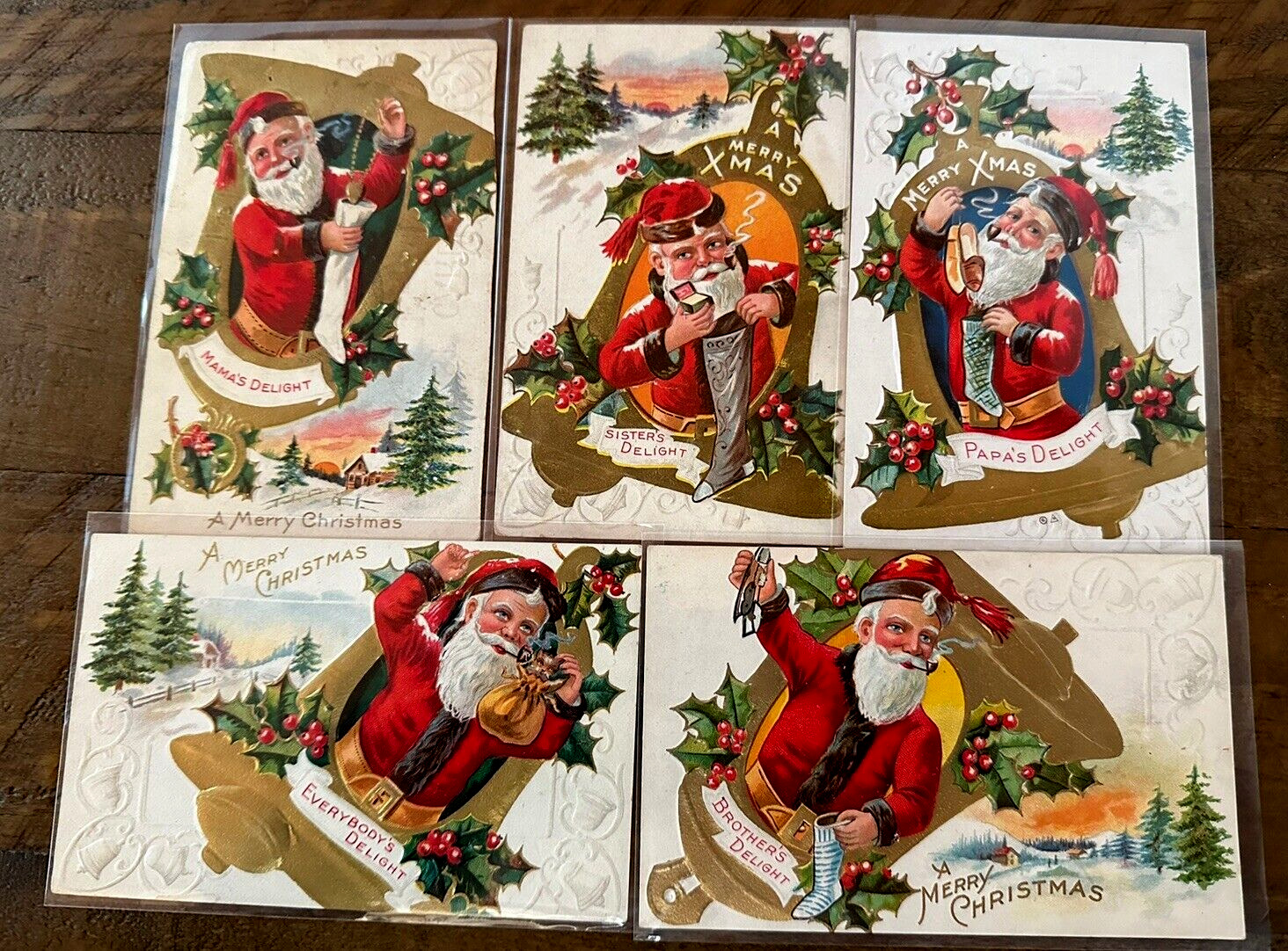 Lot of 5 Antique~SANTA CLAUS~Christmas~Family Delight Series Postcards Set-h768