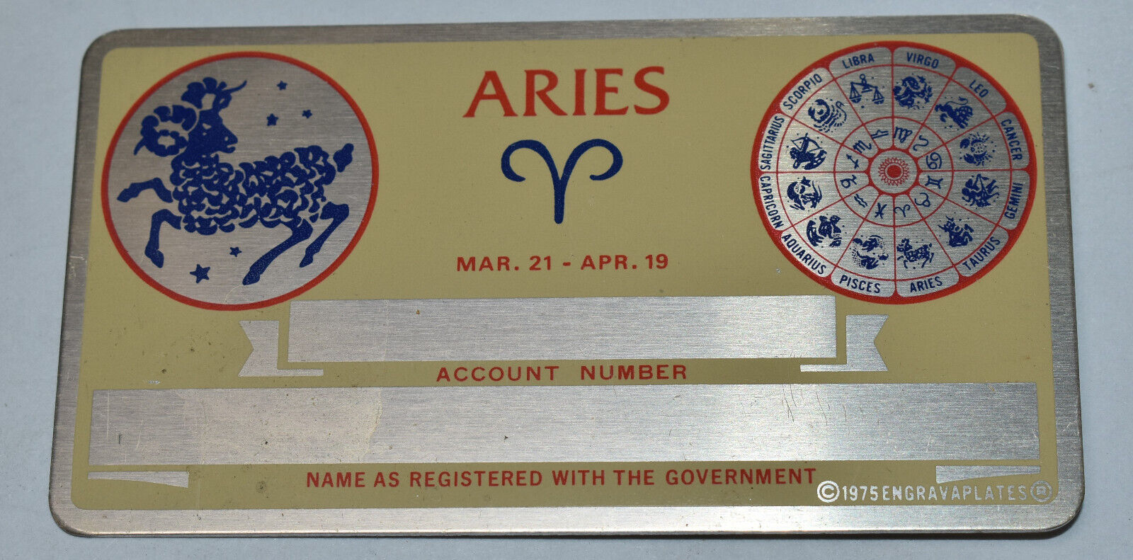 Vintage Aries Zodiac Engravaplates Metal Gold Tone Social Security Card
