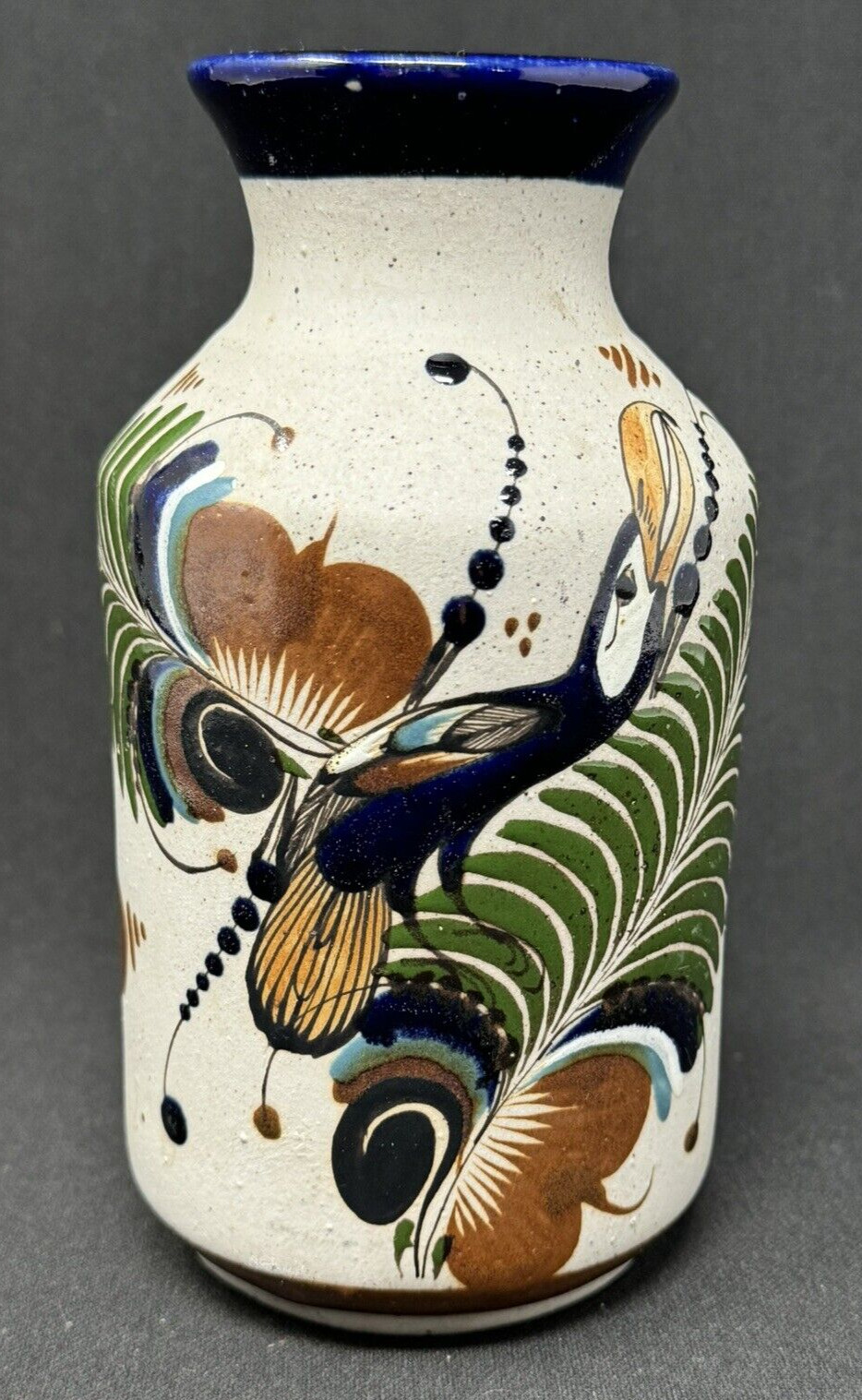 Vintage Mexican Tonala Mateos Sandstone Pottery Vase w/ Toucan 6.5\