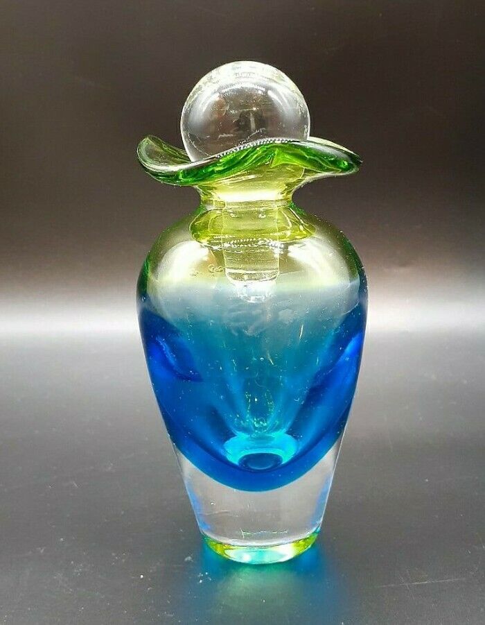 Handblown Blue and Green Sommerso Style Art Glass Perfume Bottle 