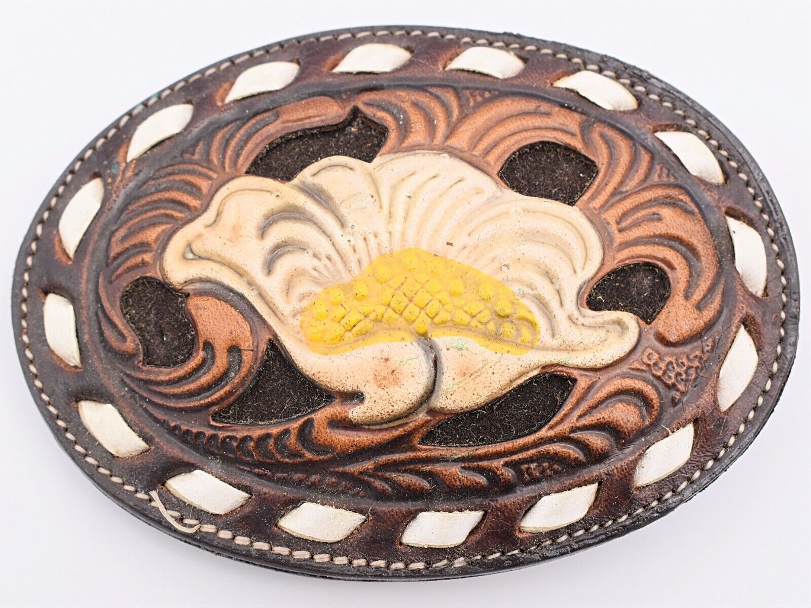 Leather Tony Lama Floral Paisley Cowboy Cowgirl Hippie Vintage Belt Buckle